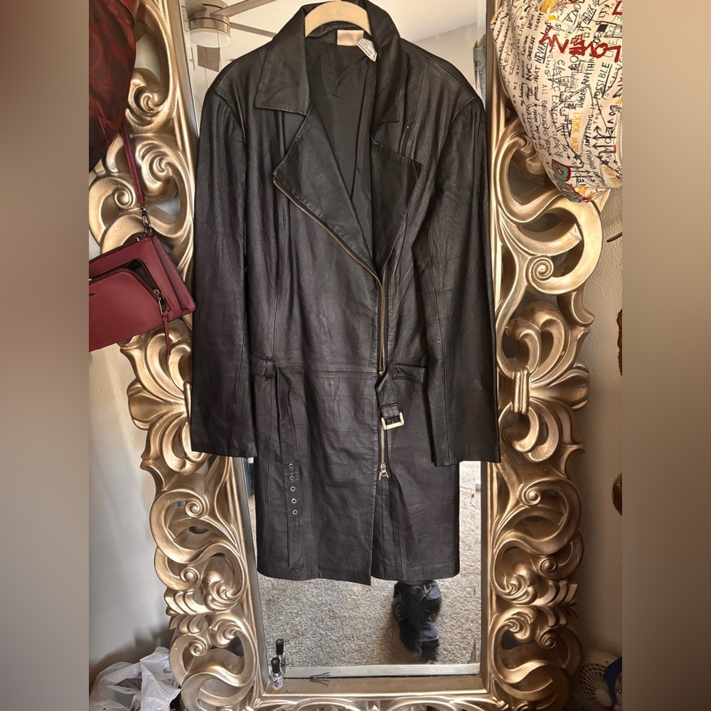 Long Black Leather Moto Coat